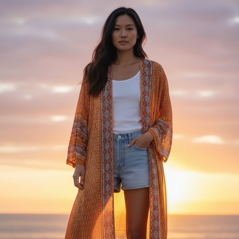 SHEIN Vibrant Orange Boho Open Front Kimono Duster Swim Cover-Up Size Large